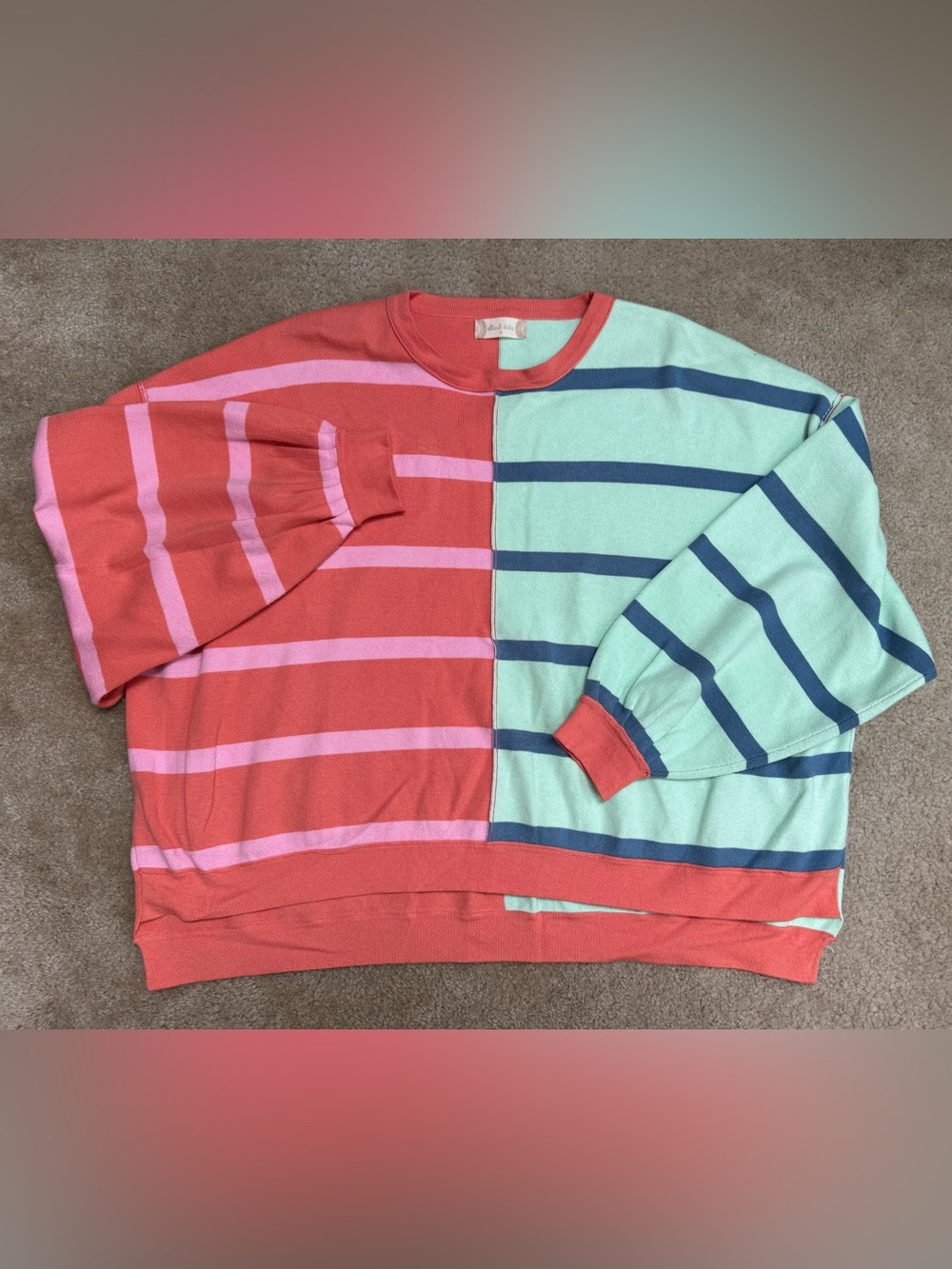 Altar'd State Sz M Coral & Mint Striped Split-Panel Crewneck